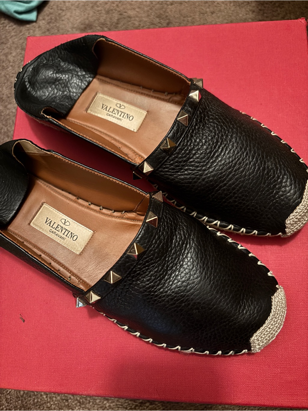 Valentino Black Leather Slip-On Espadrilles With Pyramid Studs
